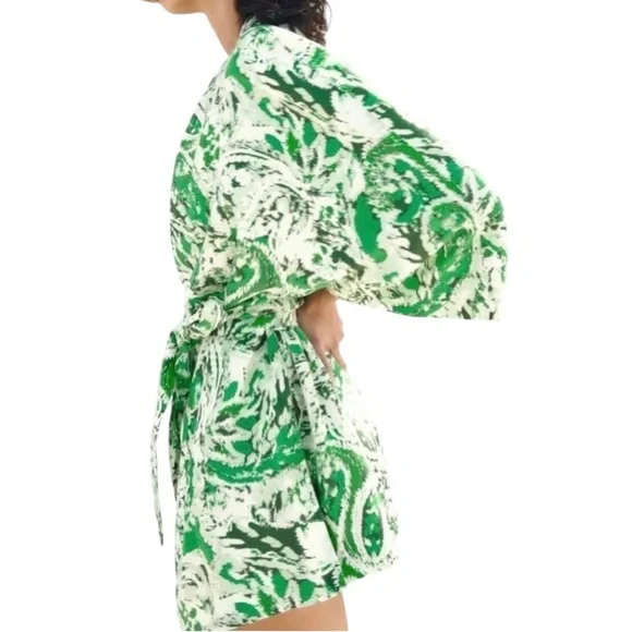Zara Linen Blend Kimono Tie Front Mid Length Green Paisley Print Size Med/Large - Picture 3 of 16